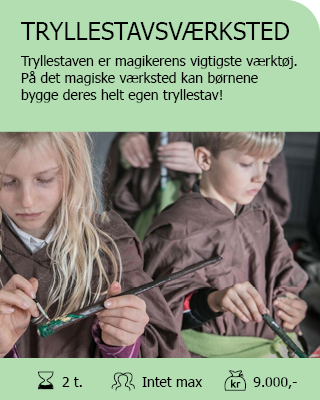 TRYLLESTAVSVÆRKSTED. Tryllestaven er magikerens vigtigste værktøj. På det magiske værksted kan børnene bygge deres helt egen tryllestav! Antal deltagere: Intet max. Varighed: 2 timer. Pris: 9.000,-