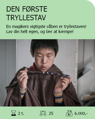 DEN FØRSTE TRYLLESTAV. En magikers vigtigste instrument er tryllestaven! Lav din helt egen, og lær at kæmpe med den. Antal deltagere: Max. 25. Varighed: 2 timer. Pris: 6.000,-.