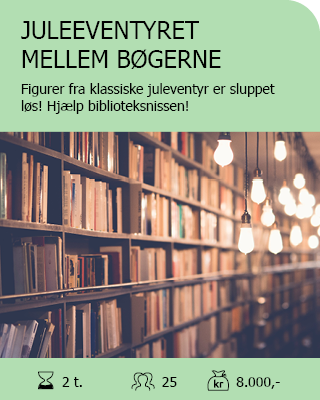 Juleeventyret mellem bøgerne: Figurerne fra en række af de klassiske juleventyr er sluppet løs! Hjælpe biblioteksnissen med at få dem alle sammen sikkert tilbage igen. 2 timer – 25 – 8.000 kr