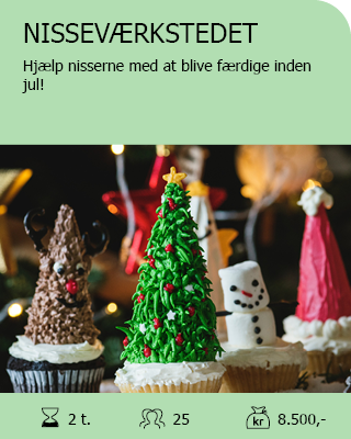 Nisseværkstedet: Hjælp nisserne med at blive færdige inden jul! 2 timer – max 25 – 8.500 kr. 