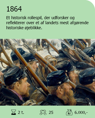 1864. Et historisk rollespil, der udforsker og reflekterer over et af landets mest afgørende historiske øjeblikke. Antal deltagere: Max. 25. Varighed: 2 timer. Pris: 6.000,-.